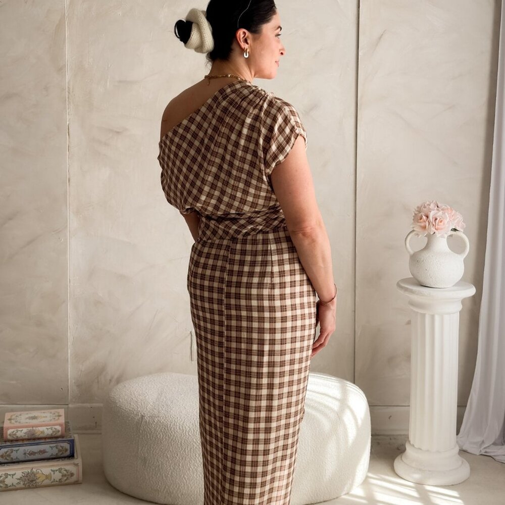 Women’s Brown Plaid One Shoulder Midi Dress - Picture 2 of 10